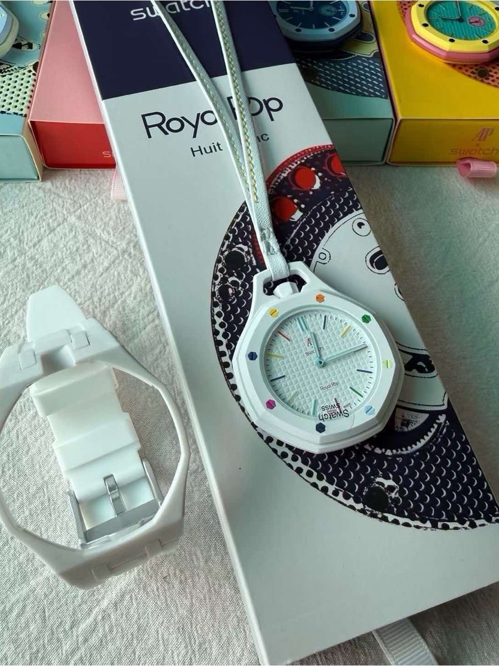 Swatch White Pendant Watch with Multicolor Hour Accents